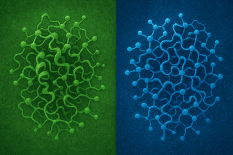 Illustration of MOTS-c mitochondrial peptide in green and blue colors.