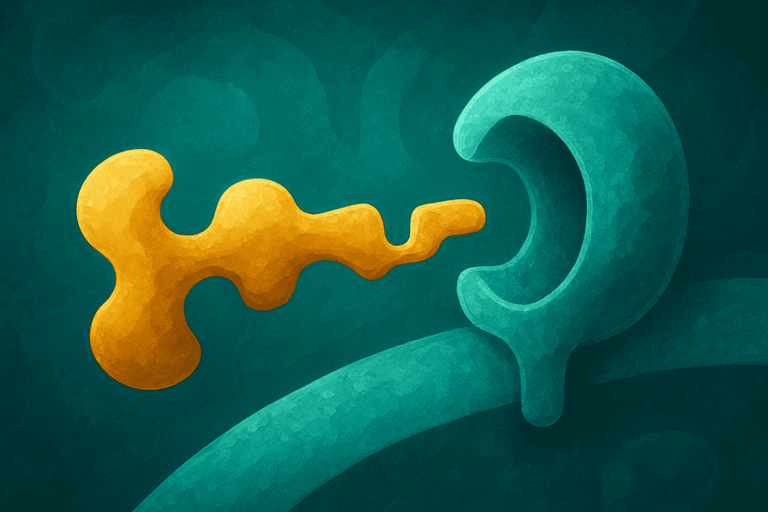 Peptide molecule interacting with a cell receptor, illustrating biochemical processes.