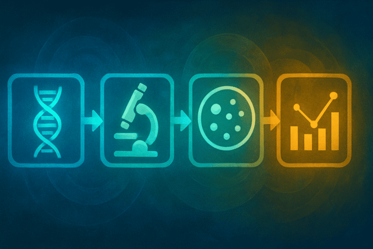 Peptide research process with DNA, microscope, and data analysis icons.