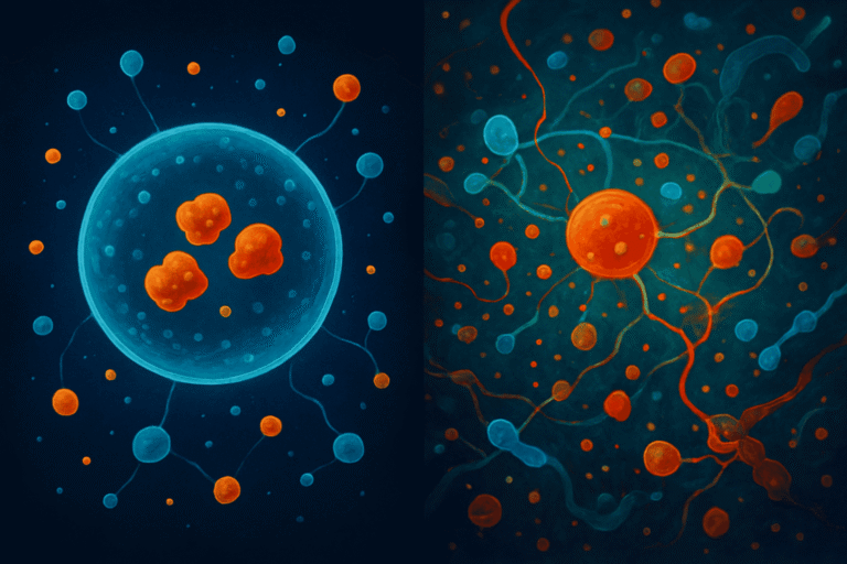 Artistic depiction of cell division and neural network with orange and blue elements.