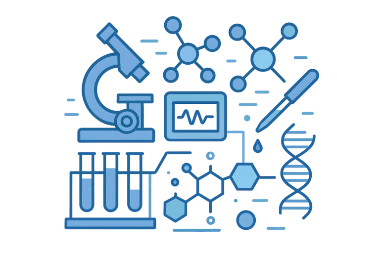 Laboratory microscope, DNA, and chemical structures for peptide research.