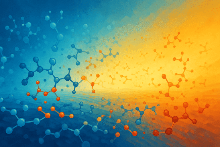 Abstract molecular structure of peptides in blue and orange colors.