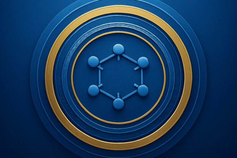 Molecular structure of peptides on a blue background with gold accents.