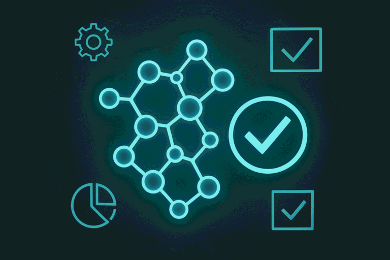Digital illustration of peptide molecular structure with checkmarks and data icons.