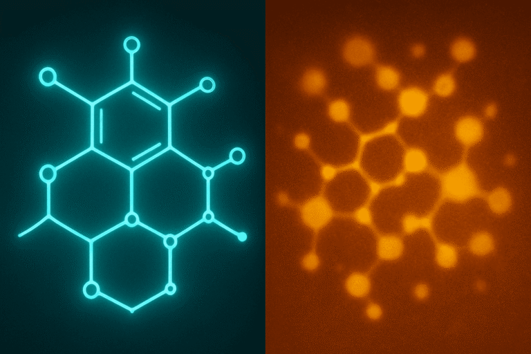 Molecular structure of peptides and compounds, glowing under UV light, highlighting chemical bonds a.