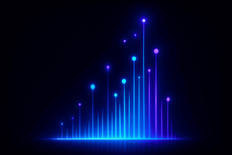 Alpha Peptides data visualization with glowing blue and purple bars representing scientific analytic.