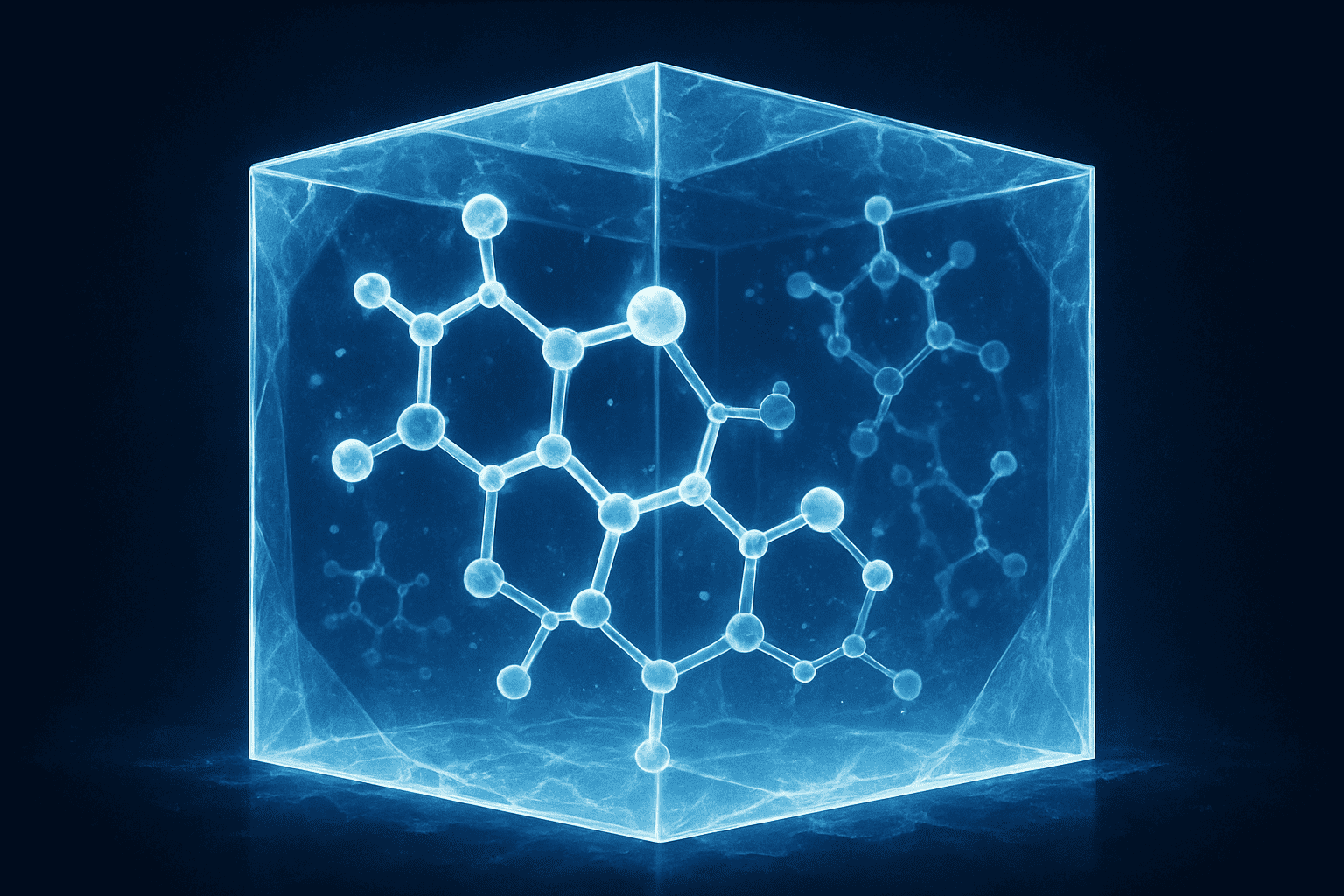 Digital visualization of peptide molecular structure inside a glowing cube.