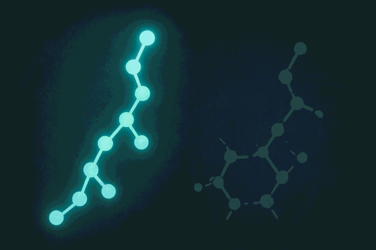 Glowing peptide molecular structures for research and development.