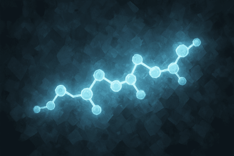 Peptide molecular structure glowing against dark background, representing bioactive compounds.