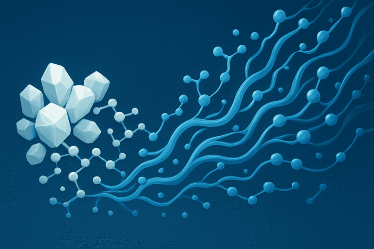 Peptide molecular structure with interconnected molecules and chains, representing advanced peptide.