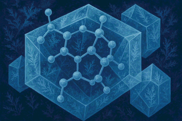 Illustration of peptide molecules within ice-like blocks for biotech research.