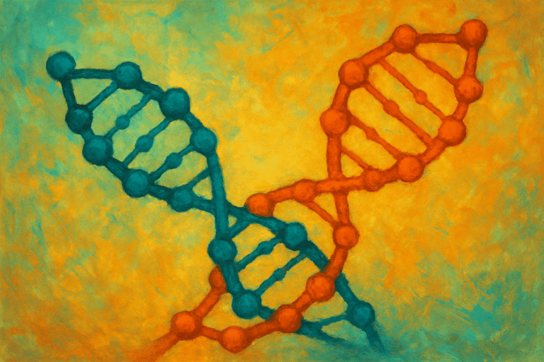 Artistic depiction of a DNA double helix with blue and orange strands.
