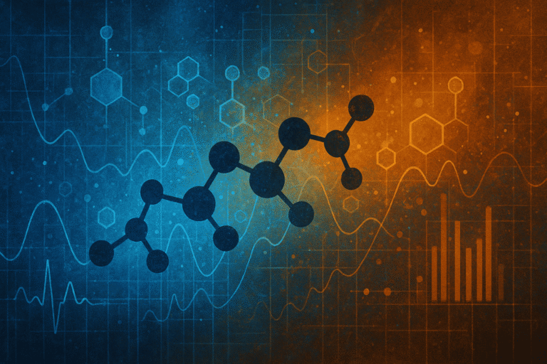 Peptide molecular structure with data visualization for Opti supplement research.