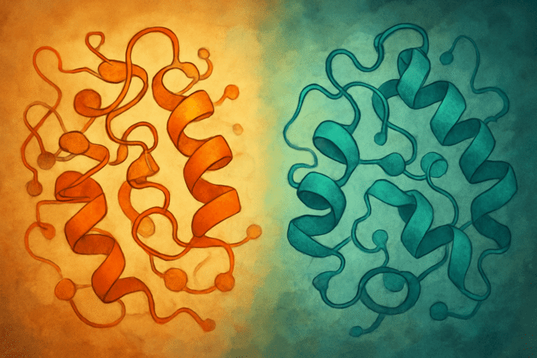 Illustration of peptide structures in orange and blue for Opti supplement benefits.