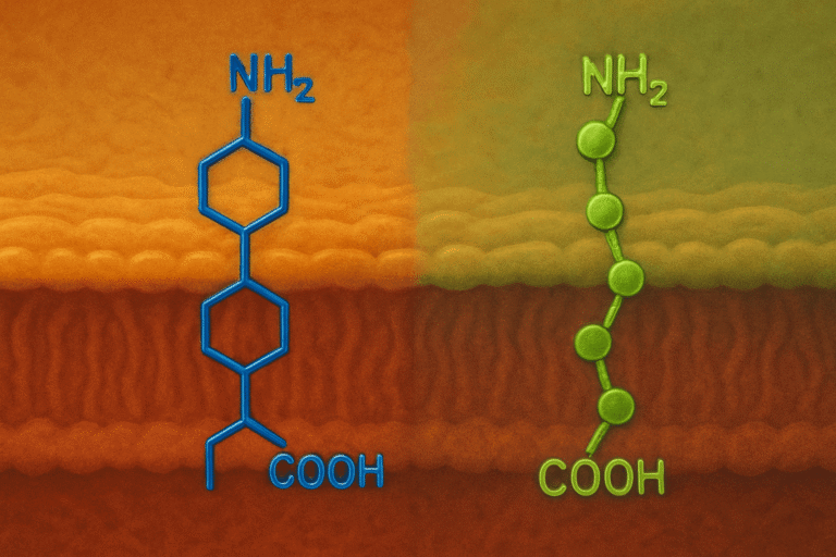 Close-up of peptide molecules with amino acid chains on a textured background.