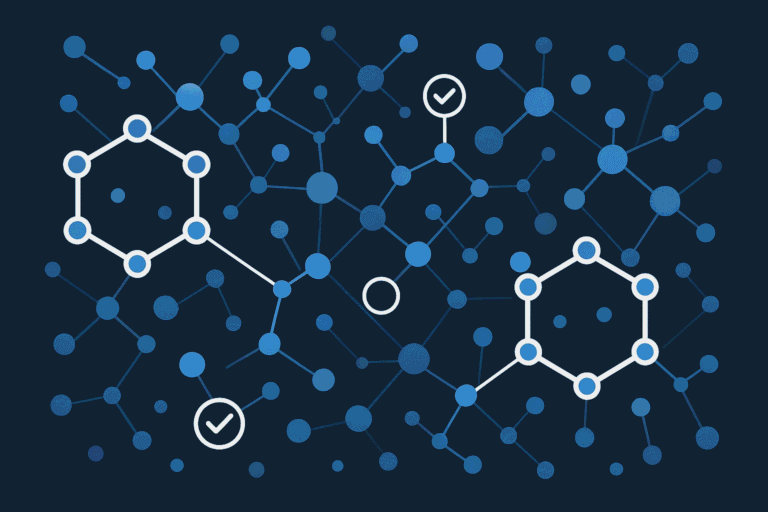 Abstract molecular structure with interconnected hexagons and checkmarks, representing peptides and.