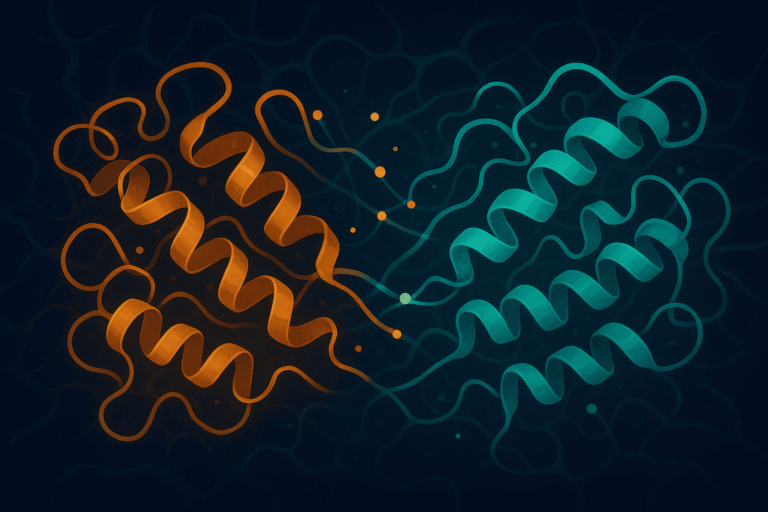 Illustration of peptide molecules representing research-grade BPC-157 for health and recovery.
