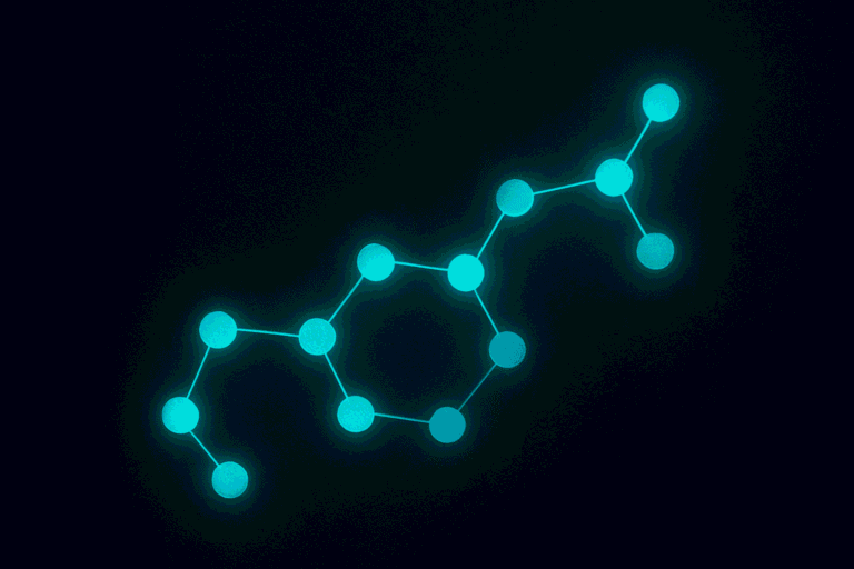 Digital illustration of a molecular structure representing BPC-157 peptide.