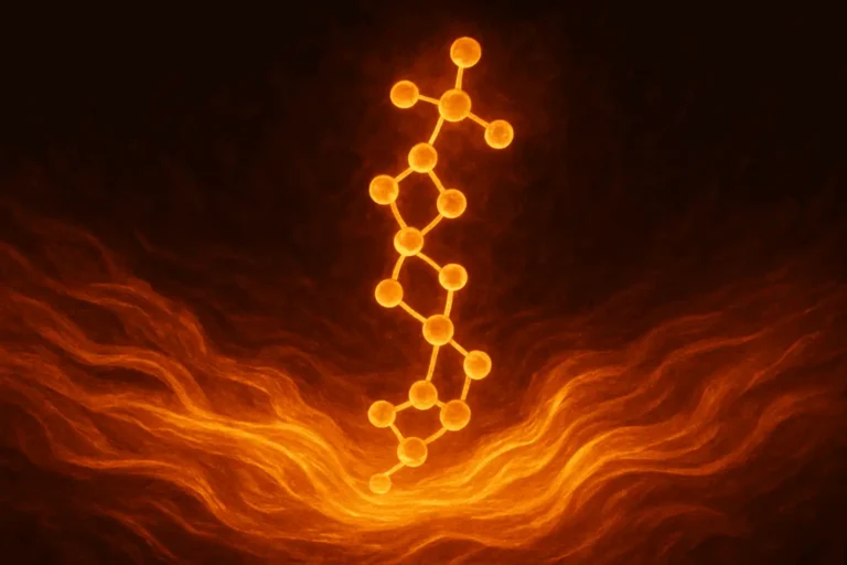 Peptide molecular structure glowing in fiery orange with dynamic energy effects.