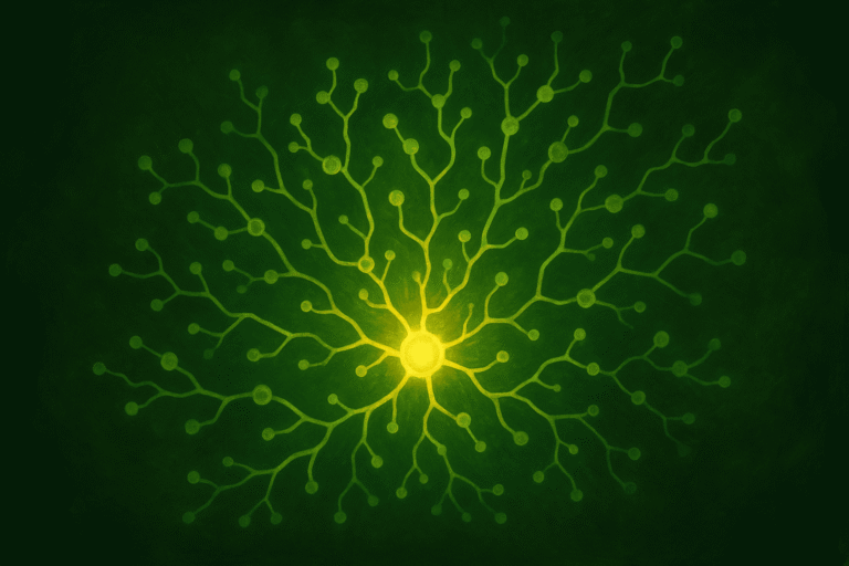 Abstract neural network with glowing nodes representing peptide connections.