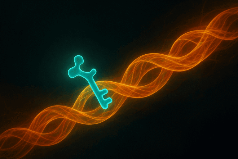 Glowing DNA strand with a key symbol representing peptides and genetic research.