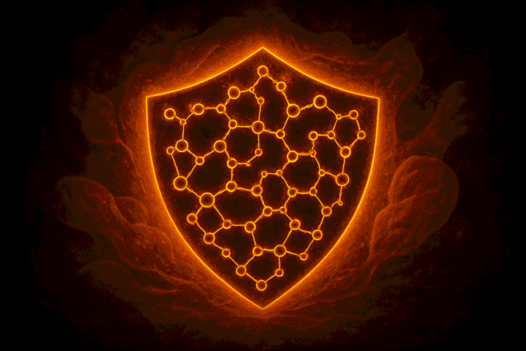 Shield with molecular network in glowing orange, symbolizing protection and advanced peptide science.