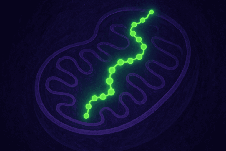 DNA strand inside mitochondrion, glowing green and purple, representing peptide research.