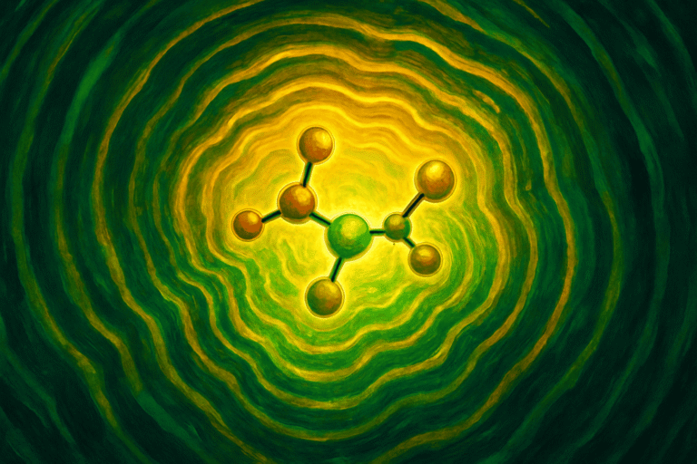 Artistic depiction of a peptide molecule with a vibrant green and yellow background.
