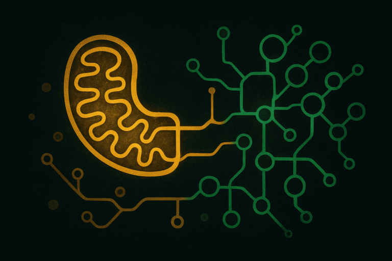 Mitochondria and molecular network representing peptide research and biohacking.