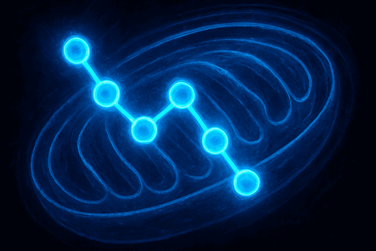 Molecular structure of alpha peptides with glowing blue atoms and bonds.