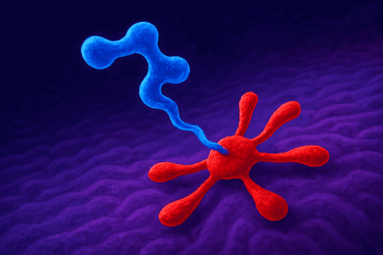 Molecular structure of peptides with blue and red components.