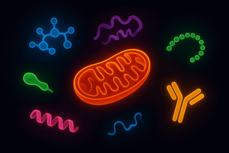 Neon glow of microbial bacteria and viruses on dark background.