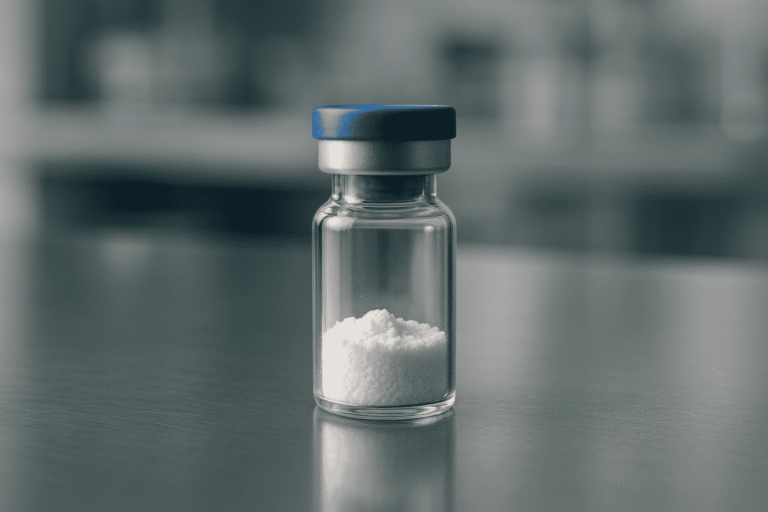Laboratory bottle with white powder supplement for peptides and health.