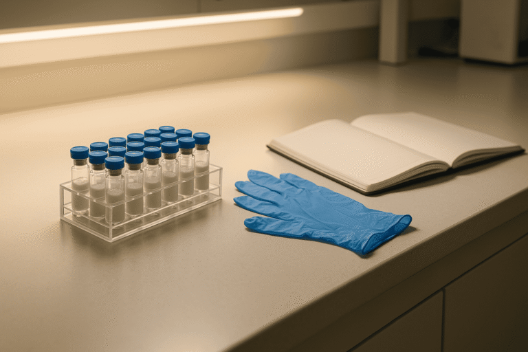 Test tubes with blue caps, gloves, and notebook in peptide research lab.