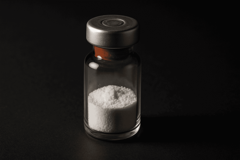 Small glass vial with white powder supplement for fitness and health.