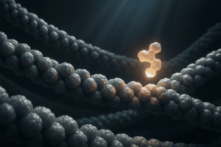 Close-up of a DNA strand with a highlighted peptide bond molecule.
