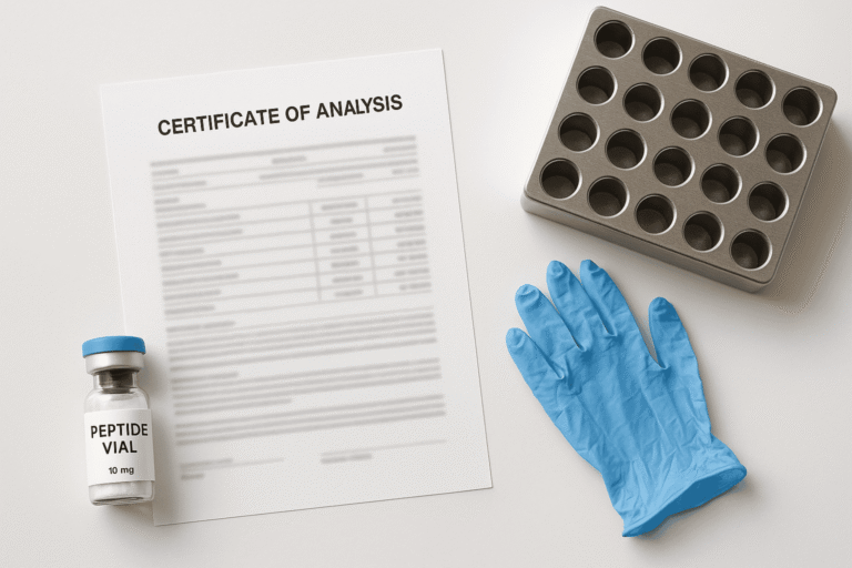 Laboratory scene with peptide vial, test tube rack, and analysis report.