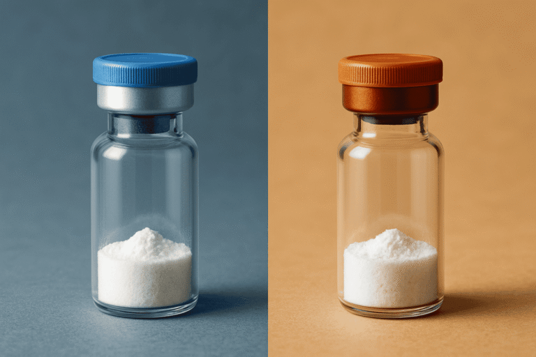 Two glass bottles with white powder supplements, blue and orange caps.