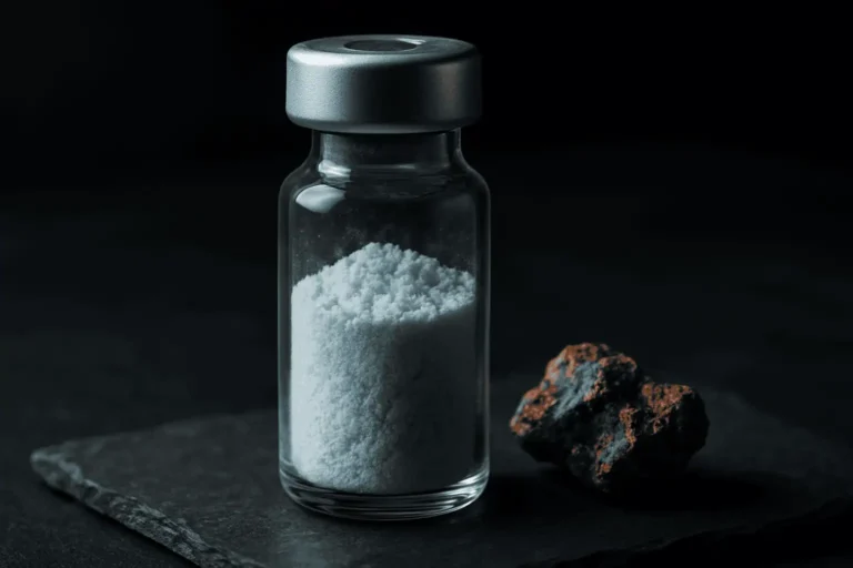 Close-up of a glass vial with white powder supplement and a rock on a dark background.