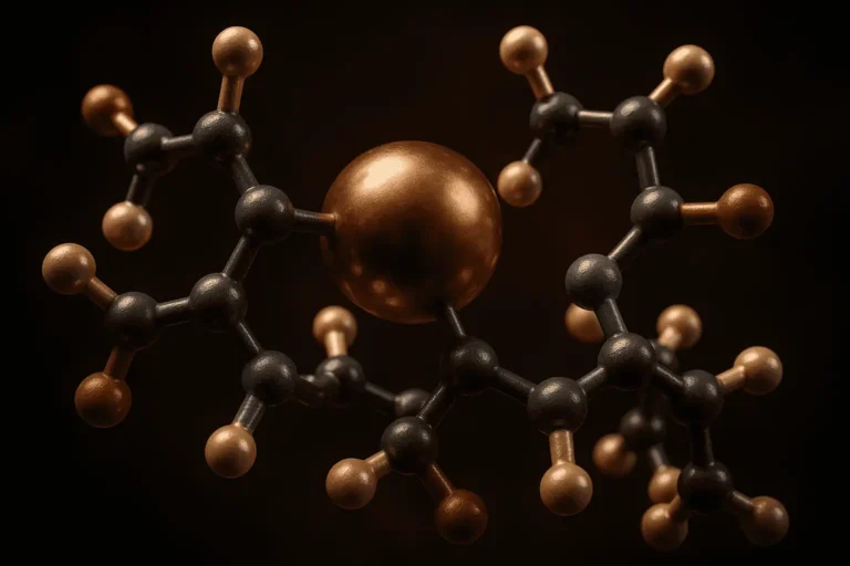 Detailed molecular model of alpha peptides with black and gold atoms.