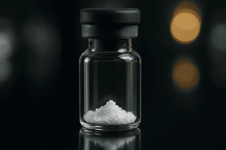 Close-up of a glass vial containing white peptide powder, on a dark background.