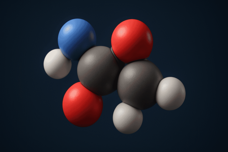 3D molecular model of alpha peptides showing chemical structure and bonds.