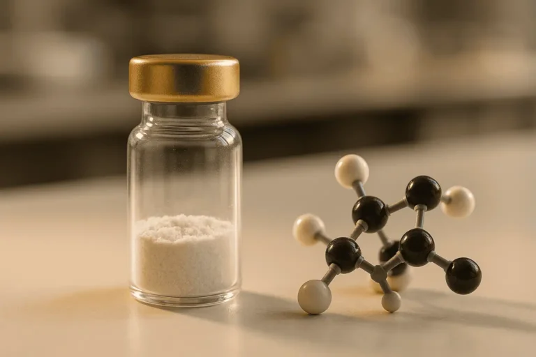 Vial of peptide powder with molecular model for health and fitness.
