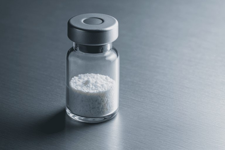Vial of white peptide powder for scientific research and supplement formulation.
