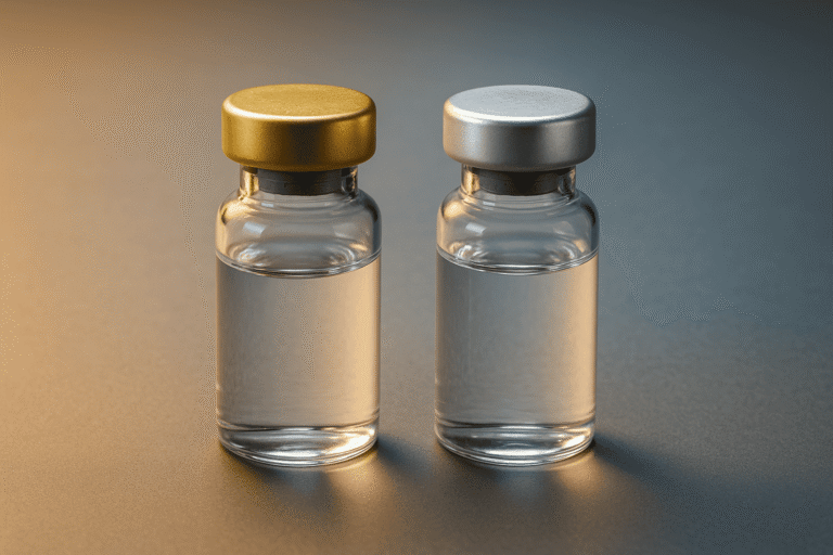 Two glass vials with gold and silver caps, representing peptide supplements for health and fitness.