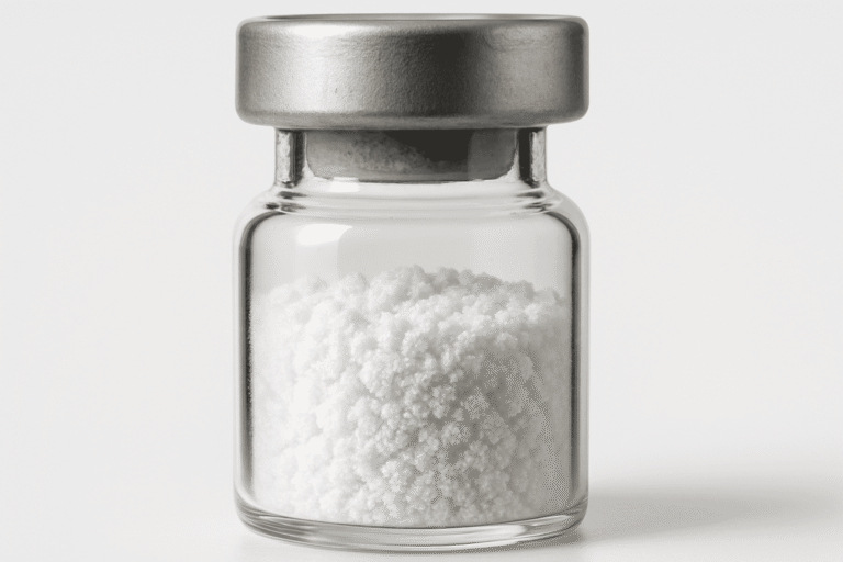 Bottle of white powder supplement for health and fitness.