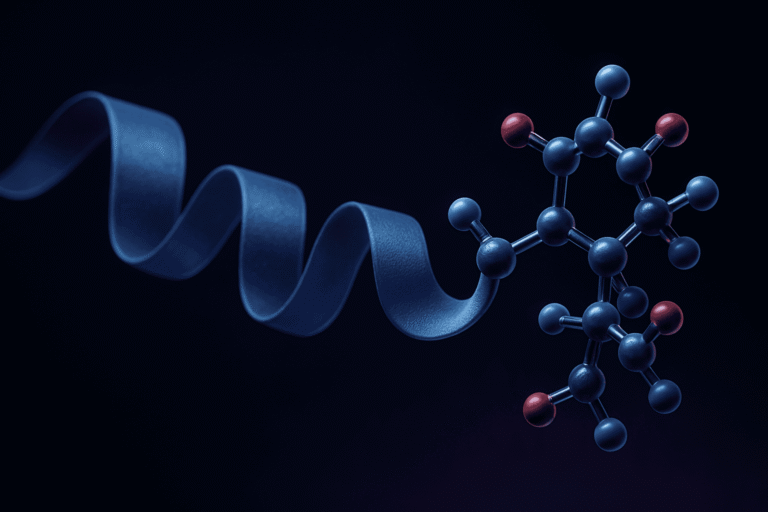 Close-up of a peptide molecule with a blue ribbon and molecular model for peptides.