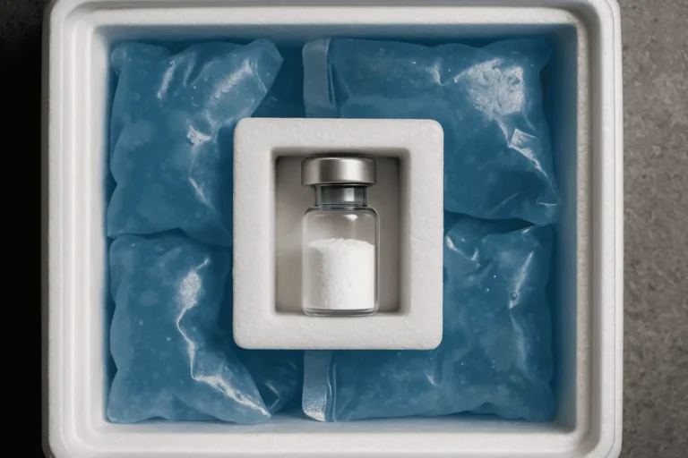 Small sterile vial with peptide powder in foam packaging for research.