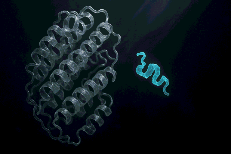 Close-up of peptide chains highlighting alpha peptides for health and fitness.