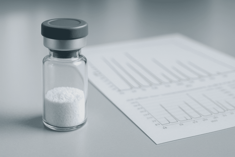 Small glass vial with white powder, research documents in background.